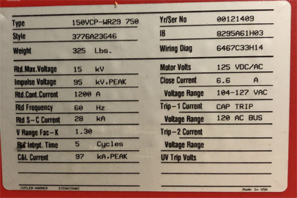 1200 Amp, CUTLER HAMMER, 150VCP-WR29 750, 15 KV, 2000, UNUSED:1