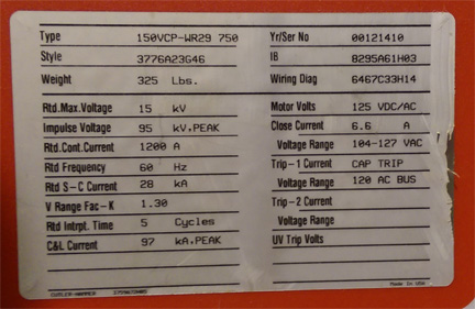 1200 Amp, CUTLER HAMMER, 150VCP-WR29 750, 15 KV, 2000, UNUSED:1