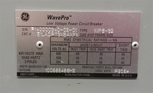 3200 Amp, GENERAL ELECTRIC, WPS-32, 480 V., 240 VAC CLOSE & TRIP, DRAW-OUT:1