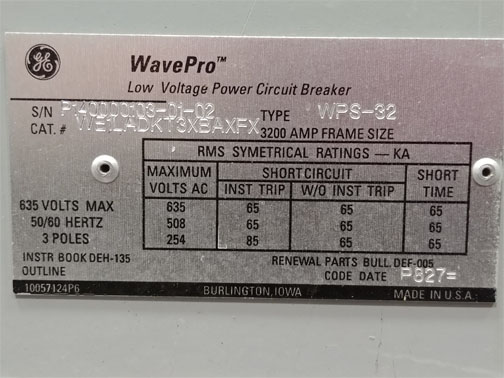 3200 Amp, GENERAL ELECTRIC, WPS-32, 480 V., 240 VAC CLOSE & TRIP, D/O:1