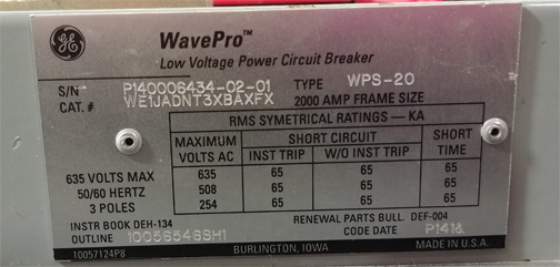2000 Amp, GENERAL ELECTRIC, WPS-20, 480 V., 240 VAC CLOSE & TRIP, DRAW-OUT:1