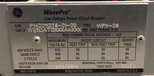 800 Amp, GENERAL ELECTRIC, WPX-08, 480 V. MANUALLY OPERATED, DRAW-OUT:1