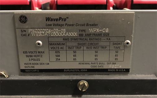 800 Amp, GENERAL ELECTRIC, WPX-08, 480 V. MANUALLY OPERATED, DRAW-OUT:1