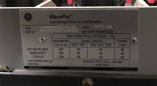 800 Amp, GENERAL ELECTRIC, WPX-08, 480 V. MANUALLY OPERATED, DRAW-OUT:1