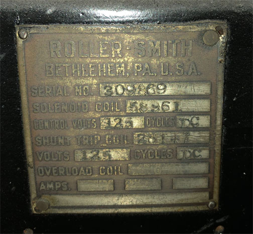 600 Amp, ROLLER SMITH, 250TCR5, 15 KV, 1948, 125 VDC CLOSE & TRIP, EXOTHERM OIL: