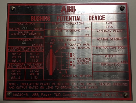 ABB PBA BUSHING POTENTIAL DEVICE, 300 WATT MAX, 289000 V, PRI, 115/66.4 SEC.:1