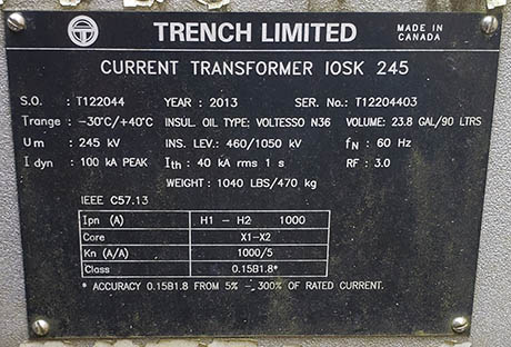 TRENCH TYPE IOSK CT'S, 245000 V, 1000:5