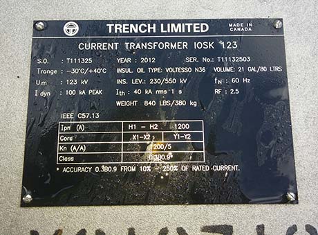 TRENCH TYPE IOSK CT'S, 123000 V, 1200:5, VOLTESSO N36 OIL