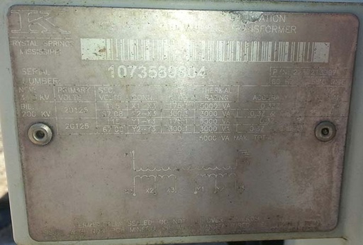 KUHLMAN HERMETICALLY SEALED VOLTAGE TRANSFORMER, PRI. 20125/34500 V, Sec. 115 V,