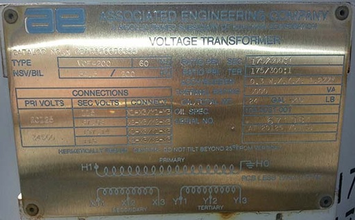 KUHLMAN HERMETICALLY SEALED VOLTAGE TRANSFORMER, PRI. 20125/34500 V, Sec. 115 V,