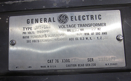 GE POTENTIAL TRANSFORMER, 20786/120 V, Sec. 207.86/120 V, 96.22/166.67 RATIO:3