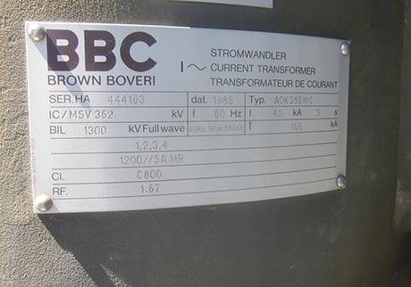 BBC CT'S TYPE AOK362MC, 362000 V, 1200:5 MRCT'S, SINGLE BUSHING