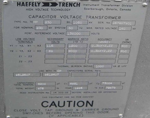 TRENCH CAPACITOR VOLTAGE TRANSFORMER, 230/138 KV - 115/69 V, 1200/2000:2