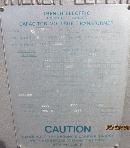 TRENCH CAPACITOR VOLTAGE TRANSFORMER, 115 KV/69 KV - 115/69V, 600/1000:1