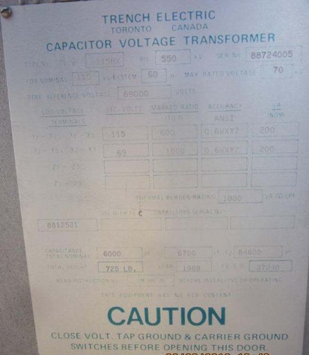 TRENCH CAPACITOR VOLTAGE TRANSFORMER, 115 KV/69 KV - 115/69V, 600/1000:1