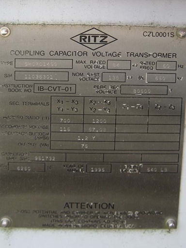 RITZ COUPLING CAPACITOR VOLTAGE TRANSFORMER, 138/84 KV-115/67.08 V, 700/1200