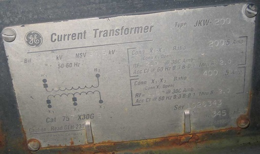 GENERAL ELECTRIC CT TYPE JKW-200, 34500 V, 200:5 & 400;5, 757X30G8