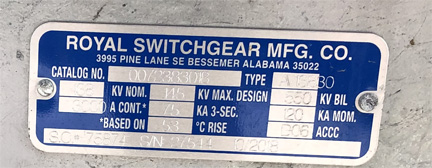 3000 Amp, ROYAL, No. AV13830, 145000 V.,GANG OPERATED, AIR BREAK SWITCH
