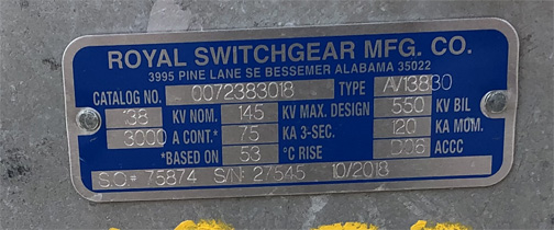 3000 Amp, ROYAL, No. AV13830, 145000 V.,GANG OPERATED, AIR BREAK SWITCH