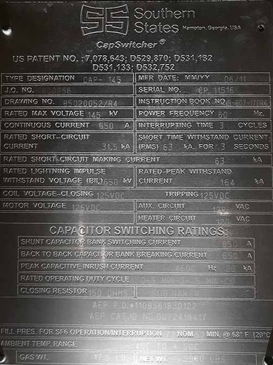 650 Amp, SOUTHERN STATES, No. CAP-145, 145000 V., SF6 CIRCUIT SWITCHER