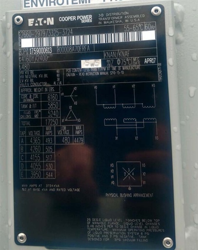 2660/3724 KVA, Pri 4160Y/2400, Sec 480 D, 2017, COOPER/EATON, FR3, UNUSED