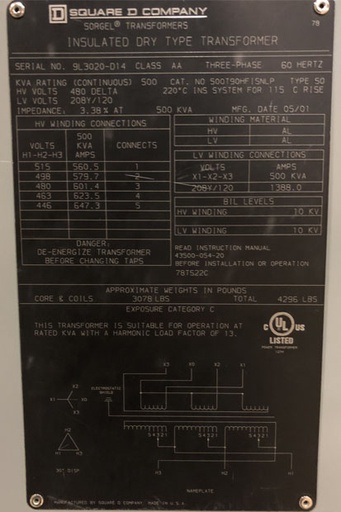 500 KVA, Pri 480 D, Sec 208Y/120, 2001, SQUARE D, ALUMINUM, INDOOR:1