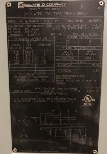 500 KVA, Pri 480 D, Sec 208Y/120, 2001, SQUARE D, ALUMINUM, INDOOR:1
