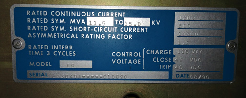 1200 Amp, ABB, 15VHK500, MODEL 20, 15 KV, 1990, 48 VDC, 115 VAC MOTOR:1