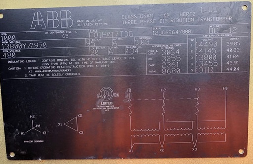 1000 KVA, Pri 13800Y/7970, Sec 480 D, ABB, DEAD FRONT/RADIAL FEED