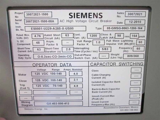 1200 Amp, SIEMENS, 05-GMSG-0063-1200-164, 4760 V., 2010, 125 VDC CL/TR/MOT