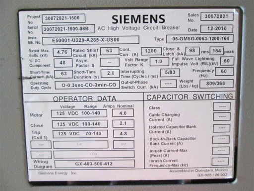 1200 Amp, SIEMENS, 05-GMSG-0063-1200-164, 4760 V., 2010, 125 VDC CL/TR/MOT