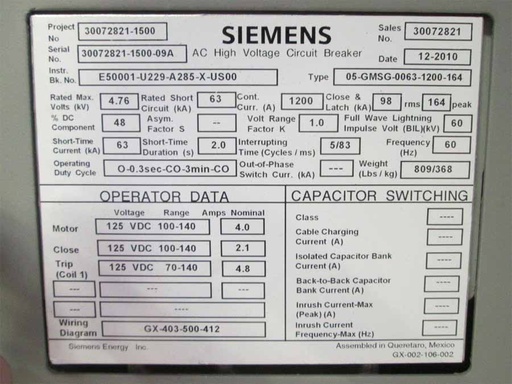 1200 Amp, SIEMENS, 05-GMSG-0063-1200-164, 4760 V., 2010, 125 VDC CL/TR/MOT
