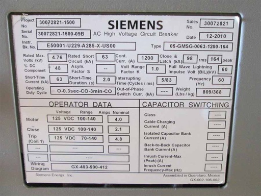 1200 Amp, SIEMENS, 05-GMSMG-0063-1200-164, 4760 KV, 2010, 125 VDC CL/TR/MOT