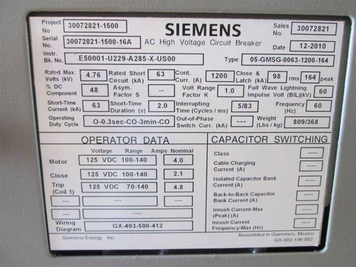 1200 Amp, SIEMEMNS, 05-GMSG-0063-1200-164, 4760 V., 2010, 125 VDC CL/TR/MOT