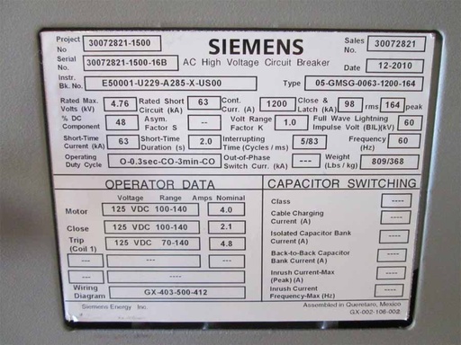 1200 Amp, SIEMENS, 05-GMSG-0063-1200-164, 4760 V., 2010, 125 VDC CL/TR/MOT