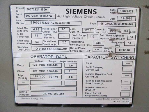 1200 Amp, SIEMENS, 05-GMSG-0063-1200-164, 4760 V., 2010, 125 VDC CL/TR/MOT
