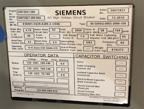 2000 Amp, SIEMENS, 05-GMSG-0063-2000-164, 4760 V., 2010, 125 VDC CL/TR/MOT
