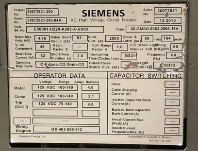 2000 Amp, SIEMENS, 05-GSMG-0063-2000-164, 4760 V., 2010, 125 VDC CL/TR/MOT