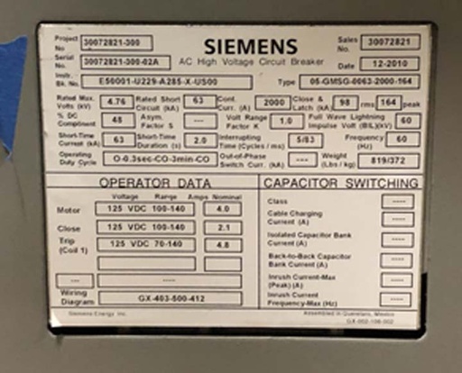 2000 Amp, SIEMENS, 05-GMSG-0063-2000-164, 4760 V., 2010, 125 VDC CL/TR/MOT