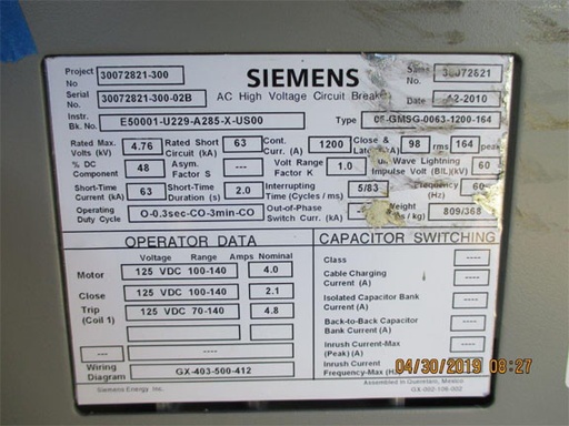 1200 Amp, SIEMENS, 05-GMSG-0063-1200-164, 4760 V., 2010, 125 VDC CL/TR/MOT