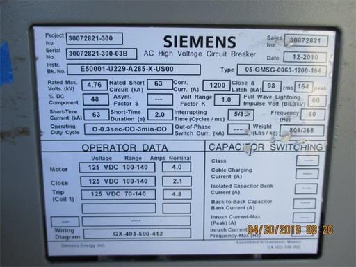 1200 Amp, SIEMENS, 05-GMSG-0063-1200-164, 4760 V., 2010, 125 VDC CL/TR/MOT