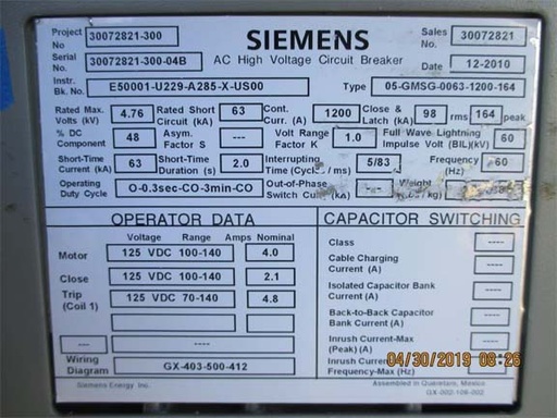 1200 Amp, SIEMENS, 05-GMSG-0063-1200-164, 4760 V., 2010, 125 VDC CL/TR/MOT