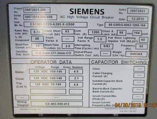 1200 Amp, SIEMENS, 05-GMSG-0063-1200-164, 4760 V., 2010, 125 VDC CL/TR/MOT