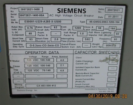 1200 Amp, SIEMENS, 05-GMSG-0063-1200-164, 4760 V., 2010, 125 VDC CL/TR/MOT