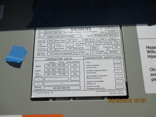 1200 Amp, SIEMENS, 05-GMSG-0063-1200-164, 4760 V., 2011, 125 VDC CL/TR/MOT