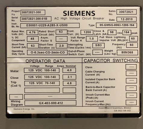 1200 Amp, SIEMENS, 05-GMSG-0063-1200-164, 4760 V., 2010, 125 VDC CL/TR/MOT