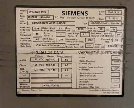 1200 Amp, SIEMENS, 05-GMSG-0063-1200-164, 4760 V., 2010, 125 VDC CL/TR/MOT