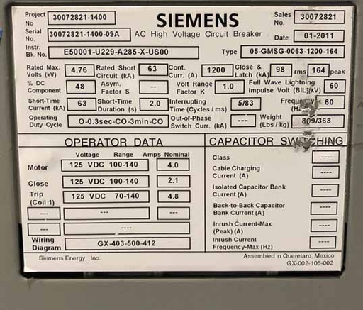 1200 Amp, SIEMENS, 05-GMSG-0063-1200-164, 4760 V., 2010, 125 VDC CL/TR/MOT