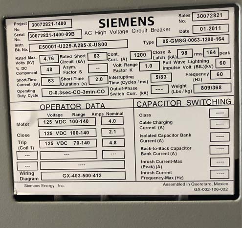 1200 Amp, SIEMENS, 05-GMSG-0063-1200-164, 4760 V., 2010, 125 VDC CL/TR/MOT