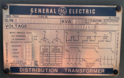 750 KVA, Pri 34500GRDY/19920, Sec 208Y/120, GENERAL ELECTRIC, LIVE/RADIAL:1